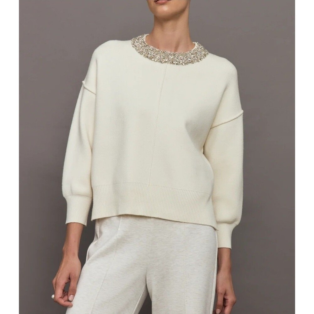 THEO The Label Nomai Embellished Oversized Pullover Cream Sweater Small